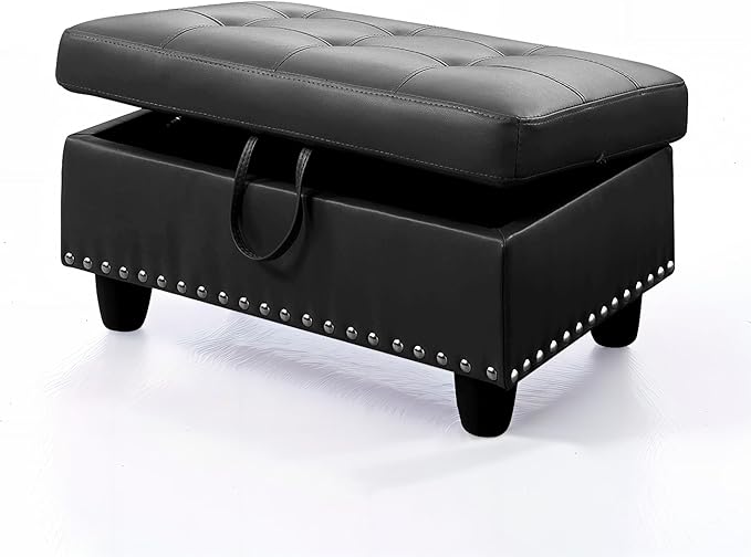 Ottoman Rectangular Storage Ottoman Bench, Faux Leather Footrest, Coffee Table, Stool Footstool with Hinged Lid for Living Room, Bedroom, Entryway, Black, 28.5"x19"x17.5"-Ruum Studio Home