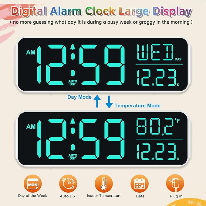 Peakeep Large Display Digital Alarm Clock for Bedrooms, Date Day of Week Temp Desk Table Clocks for Living Room Office, Dimmable Plug in Electric Clock, 5 Volumes, Loud, Auto DST-Ruum Studio Home