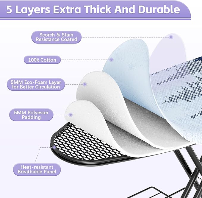 Full Size Ironing Board, 18x51 Iron Board with Metal Panel Stretchable Iron Rest, Adjustable Height Heavy Duty Heat & Scorch Resistant Cover Ironing Board, for Home, Laundry, Purple-Ruum Studio Home