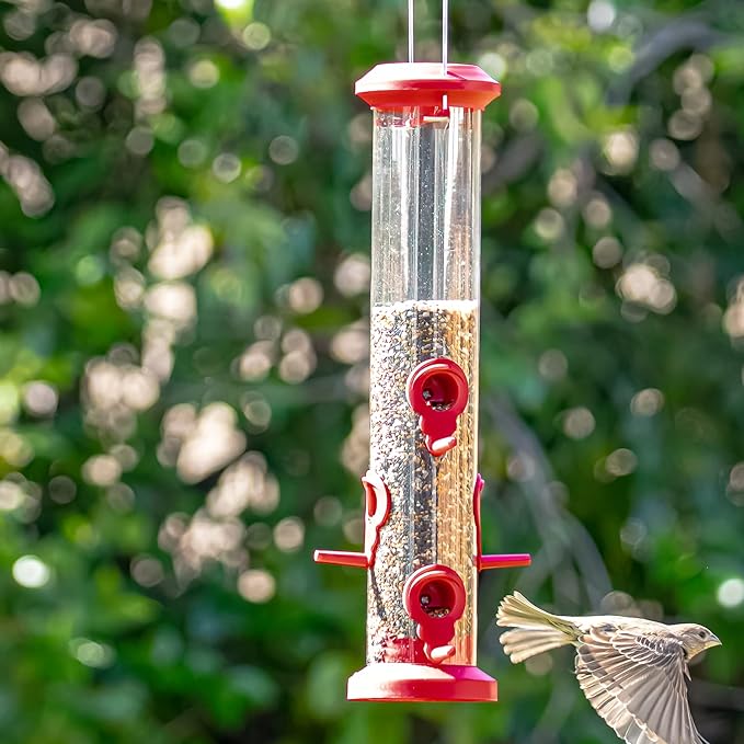 Kingsyard 2 Pack Tube Bird Feeders for Outdoors Hanging, Premium Hard Plastic Bird Feeder with 6 Feeding Ports, Weatherproof & Steel Hanger, Attracting for Wild Birds (Red)-Ruum Studio Home