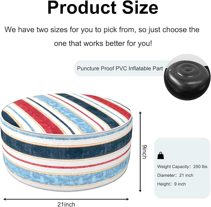 Inflatable Ottoman Stool D21 xH9 for Outdoor/Indoor Use, Water Repellent Patio Foot Rest Stool with Portable Handle,Round Pouf Ottoman Suitable for Garden,Deck and Camping - Stripe Red Blue-Ruum Studio Home