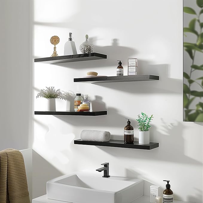 Wood Floating Shelves for Wall Decor, Rustic Wall Shelves for Bedroom Bathroom Kitchen Living Room, Set of 4 Black 24 Inch-Ruum Studio Home