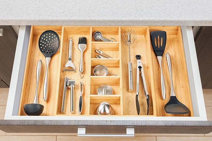Umilife Extra Large Expandable Kitchen Drawer Organizer for Utensil and Junk, 19" Deep for Big Drawer, 17" to 28" Adjustable Bamboo Wood Drawer Divider, Cutlery Tray, Flatware Holder-Ruum Studio Home