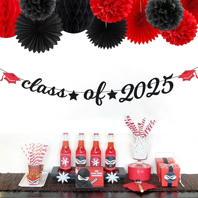 Red Black Party-Decoration Graduation Banner - 14pcs Kits Cap Garland Streamers, Paper Tissue Pom Poms Flowers Fans Honeycomb,Class Of 2025 College High School Grad Decor Hugfond-Ruum Studio Home