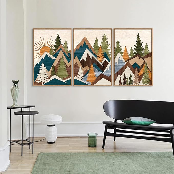 Tinonedraw Large Metal Mountain Framed Canvas Wall Art, Boho Rustic Sunrise Forest Wall Decor, 3 Piece Modern Nature Artwork, Vintage Wilderness Art Print for Living Room Bedroom Office 24"x36"x3-Ruum Studio Home