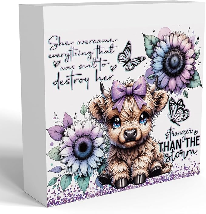 Cute Highland Cow Baby Decor, Highland Cow Sunflower Decor, Highland Cow Gifts for women, Highland Cow Nursery Decor, Wooden Box Decor Sign for Home Farmhouse Office Living Room Table Shelf-Ruum Studio Home