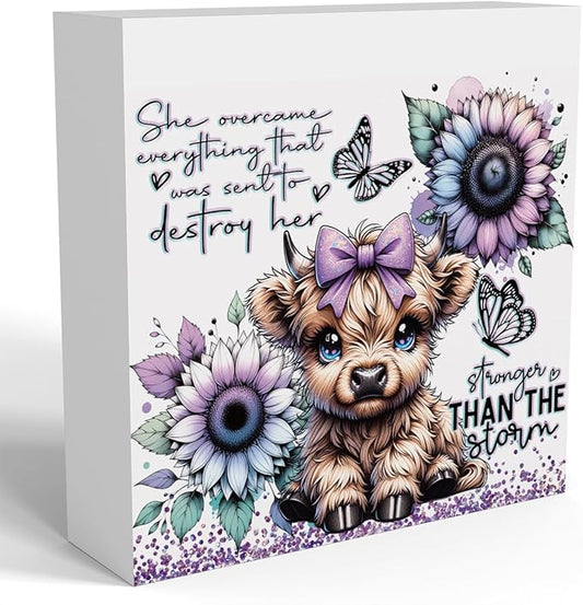 Cute Highland Cow Baby Decor, Highland Cow Sunflower Decor, Highland Cow Gifts for women, Highland Cow Nursery Decor, Wooden Box Decor Sign for Home Farmhouse Office Living Room Table Shelf-Ruum Studio Home