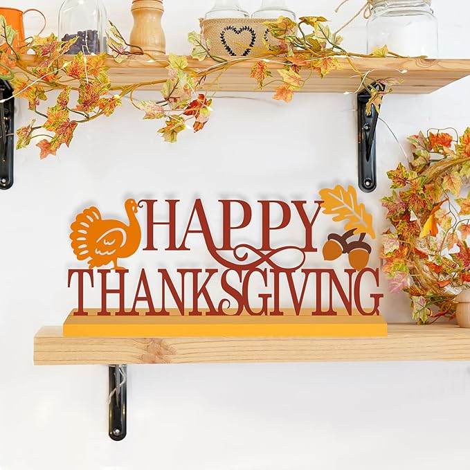 COCHIE Metal Happy Thanksgiving Sign, Fall Leaves Turkey Table Centerpieces Decorations for Home, Office, Shelf, Mantel, Indoor, Traditional Party Supplies Decor (Thanksgiving)-Ruum Studio Home