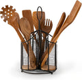 360° Rotating Kitchen Utensil Holder- 3 Compartment Organizer with Cork Bottoms | Includes Premium 9-Piece Acacia Wood Utensil Set | Professional & Home Luxury Design | Metal Utensil Crock (Black)-Ruum Studio Home