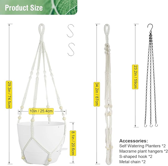 10 inch Self Watering Hanging Planters, 2 Pack Hanging Flower Pots for Indoor Outdoor Plants, Hanging Baskets with Drainage Holes & 2 Kinds of Plant Hangers for Garden Home Decor, White-Ruum Studio Home