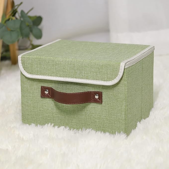 ANMINY 4PCS Storage Bins with Lid PU Leather Handles Storage Boxes PP Plastic Board Decorative Foldable Lidded Cotton Linen Fabric Home Cubes Baskets Closet Organizer Containers - Green, Large Size-Ruum Studio Home
