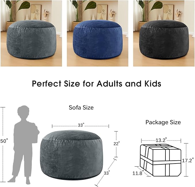 3 Feet Bean Bag Chair - BeanBag Chairs for Adults, Living Room Furniture Sofa with Soft Micro Fiber Cover, Round Fluffy Couch for Bedroom College Dorm - Grey-Ruum Studio Home