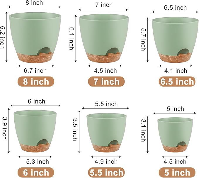 Plant Pots 8/7/6.5/6/5.5/5 Inch Self Watering Pots, Set of 6 Plastic Planters with Drainage Holes and Saucers,Plastic Flower Pots,Nursery Planting Pot for Indoor Out Door Plants（Green）-Ruum Studio Home