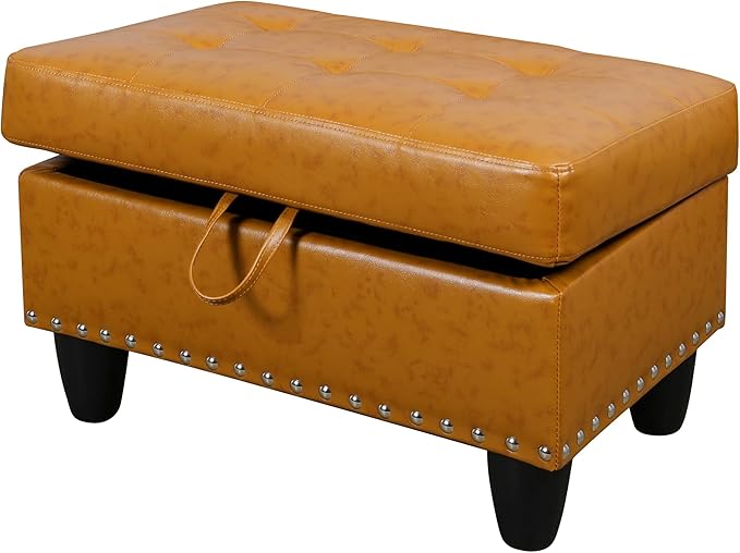 Ottoman Rectangular Storage Ottoman Bench, Faux Leather Footrest, Coffee Table, Stool Footstool with Hinged Lid for Living Room, Bedroom, Entryway, Ginger, 28.5"x19"x17.5"-Ruum Studio Home