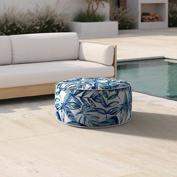 Inflatable Ottoman Stool D21 xH9 for Outdoor/Indoor Use, Water Repellent Patio Foot Rest Stool with Portable Handle,Round Pouf Ottoman Suitable for Garden,Deck and Camping - Leaves Ink Blue-Ruum Studio Home