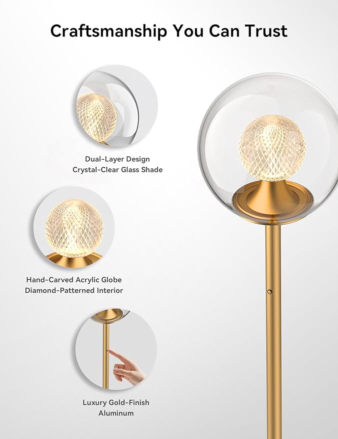 Tubicen Gold Floor Lamp with Dual-Globe Glass Shade Memory Function Art Decor 4-Stage Touch Control Dimmable Modern LED Corner Standing Floor Lamp for Bedroom Office Living Room Bedside-Ruum Studio Home