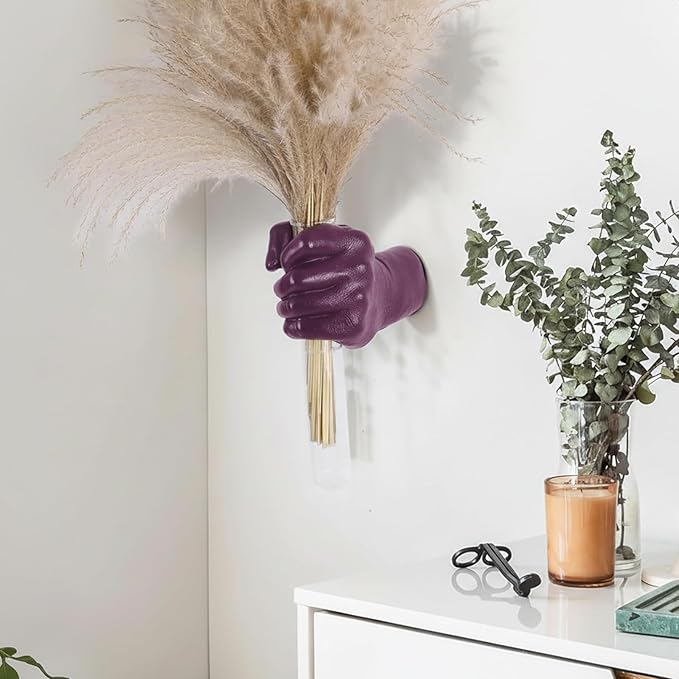 Creative Wall Hanging Sculpture, Artistic Wall Hanging Hand Sculpture with Test Tube vases, Home Decoration Hand Against Wall (Purple)-Ruum Studio Home