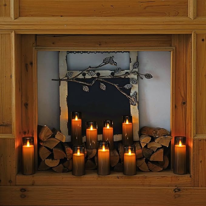 Homemory Decorative Flameless Candles, Battery Operated Candles with Remote & Timer, Flickering Led Pillar Candles, Plexiglass, Grey, Pack of 9, D2.2 xH 5" 6" 7"-Ruum Studio Home