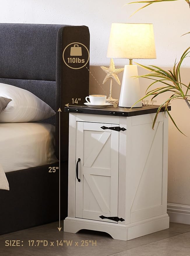 JXQTLINGMU Nightstand with Charging Station, Rectangular Farmhouse End Table with Barn Door and Adjustable Storage Shelf, 17" Deep Wood Rustic Sofa Side Table for Living Room, Bedroom, White-Ruum Studio Home