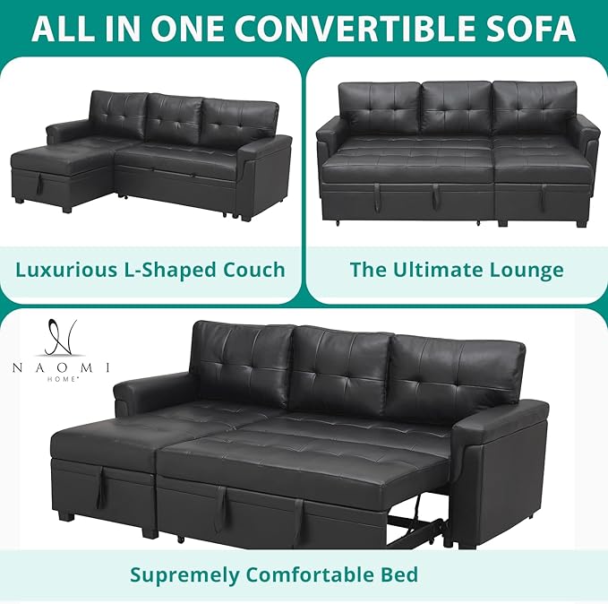 Naomi Home Jenny Sectional Sofa Sleeper with Storage Chaise, Tufted Pull Out Couch with Storage, L-Shaped Reversible Sleeper Sofa with Storage, Black,Air Leather-Ruum Studio Home