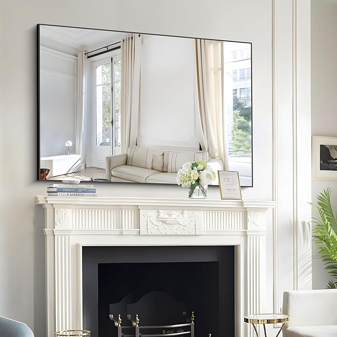 Black Bathroom Mirror for Wall, 60x36 Inch Rectangle Mirrors with Metal Frame, Large Modern Vanity Wall Mirror for Bathroom Living Room, Entryway Hangs Horizontal or Vertical-Ruum Studio Home