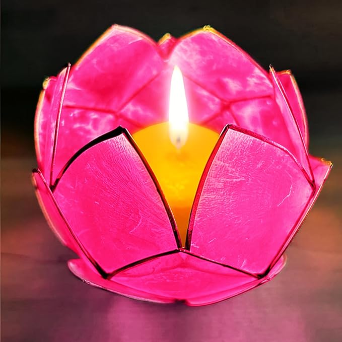 Blooming Lotus Capiz Shell Tealight Candle Holder, Handcrafted Decorative Tea Light Candleholder with Translucent Flower Petals for Ambient Illumination and Natural Elegance, Fuchsia-Ruum Studio Home