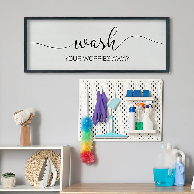 SRSZHIYUE Wash Your Worries Away Bathroom Sign Wall Art 40"x15" Funny Restroom Toilet Large Wood Framed Hanging Decor (Black)-Ruum Studio Home