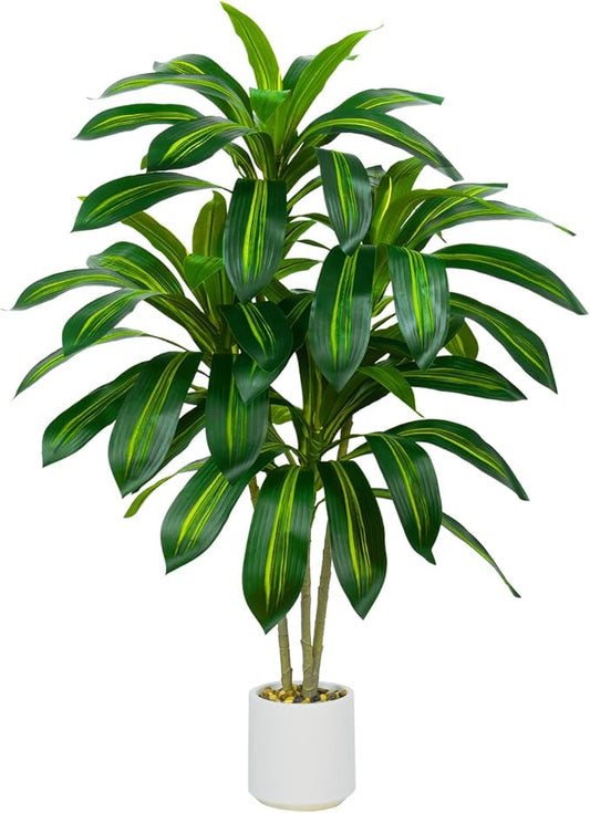 Artificial Dracaena Tree Artificial Silk Tree Faux Tree with White Tall Planter Fake Tropical Yucca Floor Plant (1, White Planter, 4 FT)-Ruum Studio Home