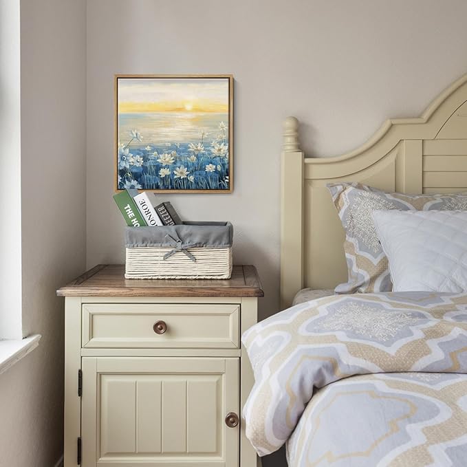 Bathroom Decor Wall Art-Framed Canvas Wall Art Modern Beach Coastal Floral Sunset Boho Ocean Artwork Blue Yellow Lotus Flower Zen Wall Picture for Bedroom Kitchen Office Small-Ruum Studio Home