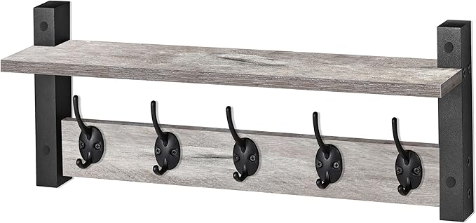 Sorbus Coat Hooks Wall Mount with Shelf – 24 Inch Coat Rack Wall Mount with 5 Heavy Duty Hooks – Floating Wall Shelf with Hooks for Entryway, Bathroom, Bedroom, Kitchen, or Mudroom (Gray)-Ruum Studio Home
