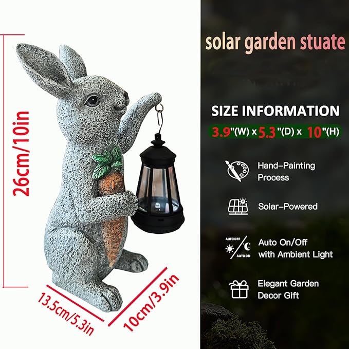 Garden Statues Rabbit Solar Lantern Outdoor Handmade Resin Statue Bunny with Cute Carrot for Patio, Yard,Mother's Day Gift Ideas (rabbit1)-Ruum Studio Home