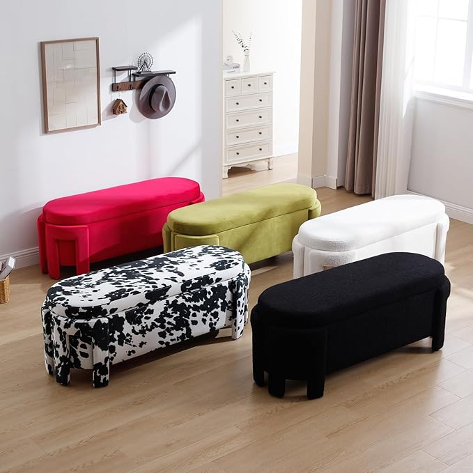 Modern Upholstered Storage Bench, Boucle Sherpa Fabric 50" Long Entryway Bench with Storage and Seating, Comfy Cute Ottoman Bench for Living Room/End of Bed/Hallway, White-Ruum Studio Home