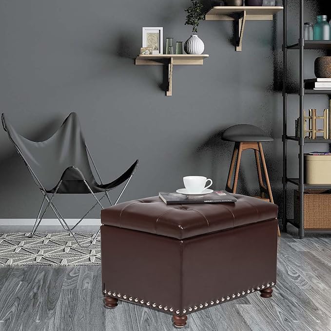 Leather Storage Ottoman Bench Foot Rest Stool with Nailhead Trim (Dark Brown - Button Tufted Leather)-Ruum Studio Home