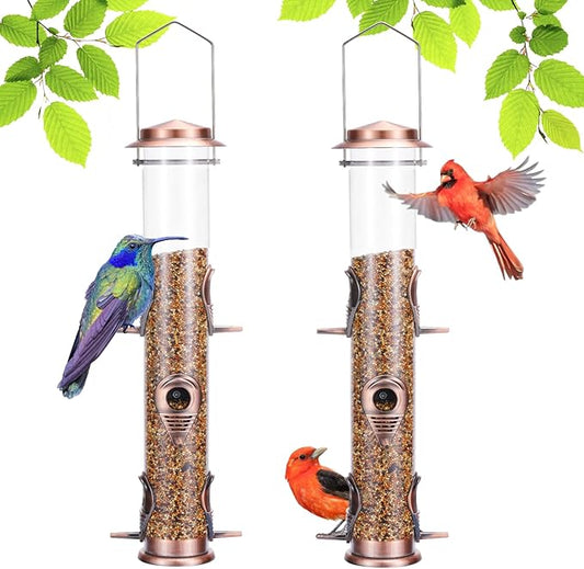 MIXXIDEA 2PK Metal Wild Bird Feeder Squirrel Proof for Outside Hanging - 6 Port Tube Transparent Finch Feeder With Steel Hanger (Antique Copper)-Ruum Studio Home