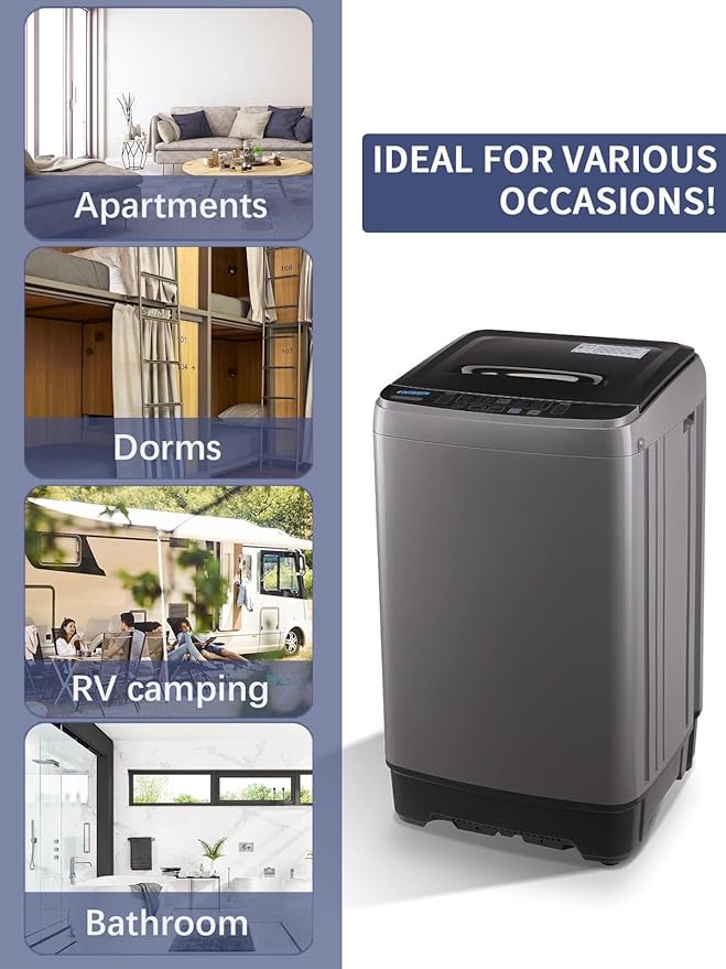 17.7 lbs Full Automatic Washing Machine with LED Display Compact Drain Dump, 10 Wash Programs and 8 Water Levels Ideal for Dorms, Apartments, RV, Grey (KB03-GREY6-3)-Ruum Studio Home