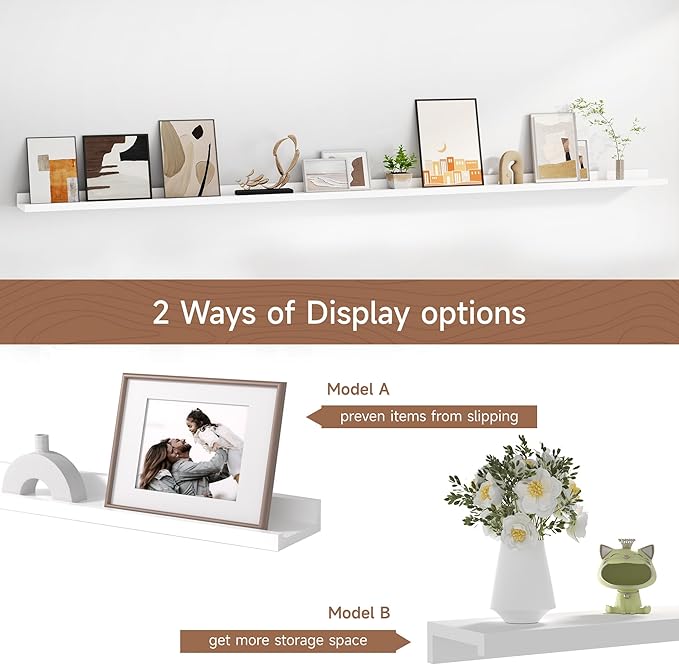 Floating Picture Ledge Shelves for Wall Set of 2, 84 Inches Picture Ledge Shelf with Long Large Nursery Book Shelf for Toys Storage Kids Bookshelf Wall Mounted Living Room Bedroom Decor Frames, White-Ruum Studio Home