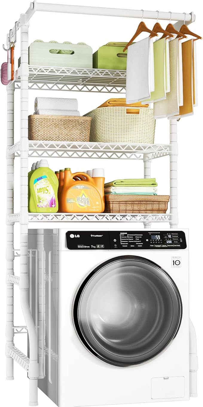 Ulif U11 Medium Over Washer and Dryer Shelves, 3 Tiers Laundry Room Storage and Organizer Standing Shelf, Metal Freestanding Clothes Drying Rack, 31.1”W x 19.7”D x 77.6”H, White-Ruum Studio Home