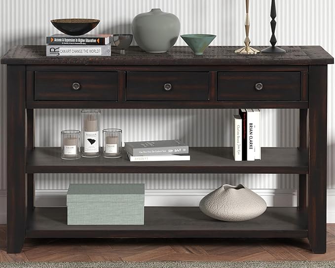 Solid Wood Console Table,Sofa Table with Storage Drawers and Bottom Shelf,Entryway Table for Entry Hallway Foyer,Fully Assembled (48.8" Distressed Black)-Ruum Studio Home