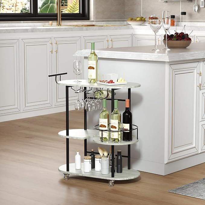 Light Gray Bar Carts with 4-Tier Storage Shelves, Mobile Bar Serving Cart with Wine Rack and Glass Holder, for The Home, Kitchen, Living Room, Dining Room-Ruum Studio Home