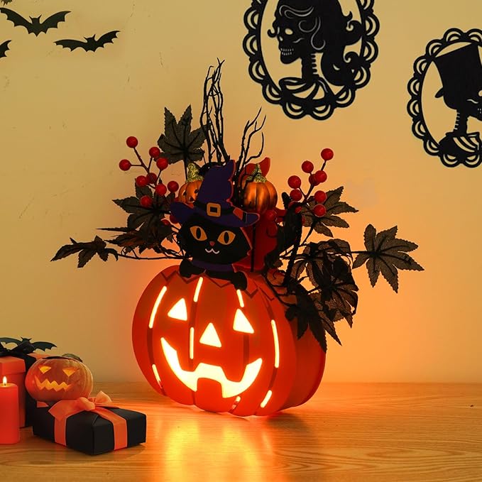 Halloween Pumpkin Decorations, Lighted Jack-O-Lantern with Maple Leaves Berries Black Cat, Halloween Door Sign Wood Pumpkin Lights for Front Door Indoor Outdoor Yard Party Cartoon Hanger Decor-Ruum Studio Home