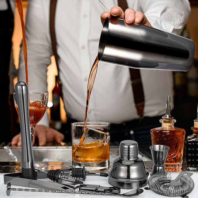 Cocktail Shaker Set, Mixology Bartender Kit 10-Piece Bar Tool Set with Stylish Bamboo Stand, Bar kit: Matini Shaker Mixing Spoon Muddler Jigger Cocksrew for Barware Set | Black-Ruum Studio Home