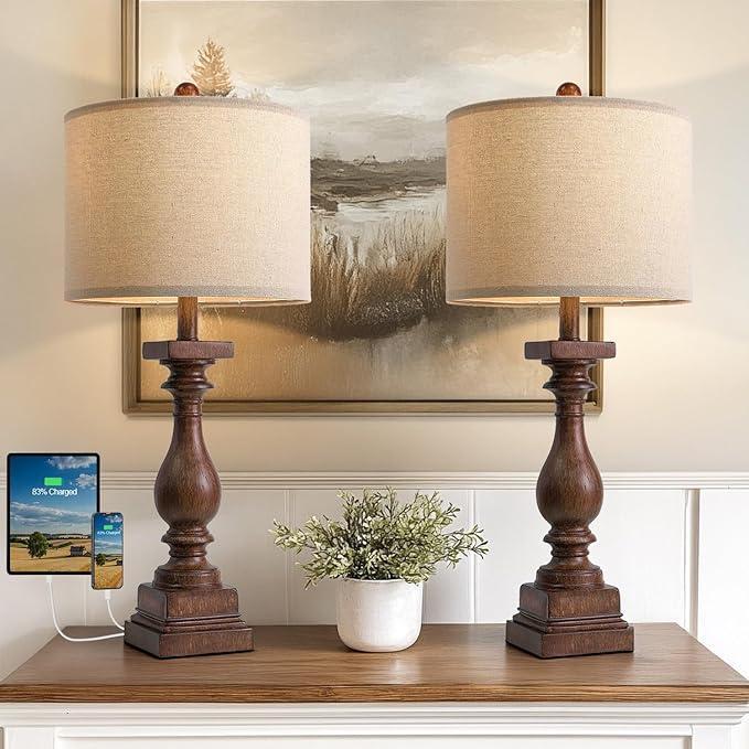 BOBOMOMO 27" Farmhouse Living Room Lamps with USB-A +C Ports, Vintage Rustic Bedside Night Stand Lamps Set of 2, Linen Shade, Retro Side Table Lamps for Living Room, Bedroom, Office, Home Decor-Ruum Studio Home