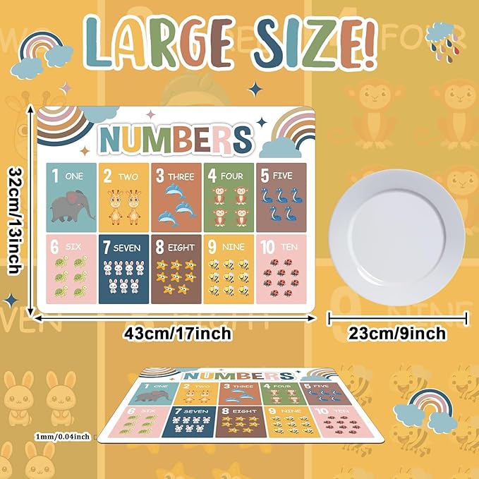 Educational Preschool Kids Placemats Set of 6 Boho Plastic Table Mats Toddler Children Montessori Place Mats for Kids Washable Holiday Desk Decoration for Indoor Outdoor Party Kitchen Dining Table-Ruum Studio Home