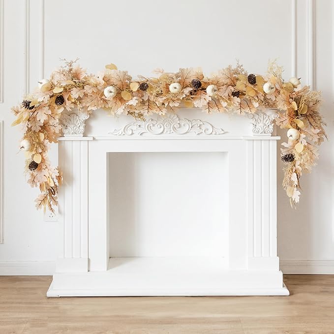 MISSPIN 6FT Boho Fall Garland, Fall Decor Autumn Maples Leaf Garland for Autumn Decor Hanging Vine for Halloween Thanksgiving Home Wedding Fireplace Party Christmas(Beige)-Ruum Studio Home