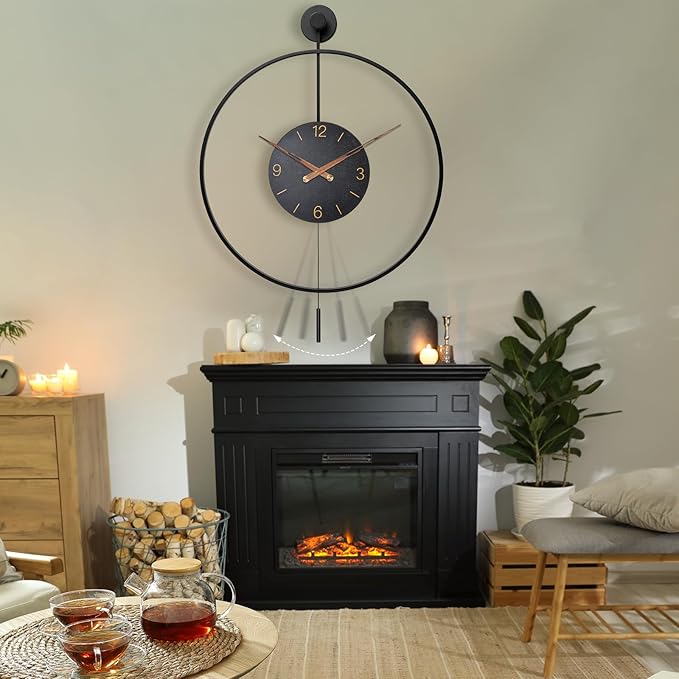 Large Modern Wall Clock,34.6×24 Inch Big Metal Minimalist Arabic Numeral Dial,Decorative Farmhouse Pendulum Wall Clocks with Walnut Pointers forLiving Room Decor, Office,Dining Room-Ruum Studio Home