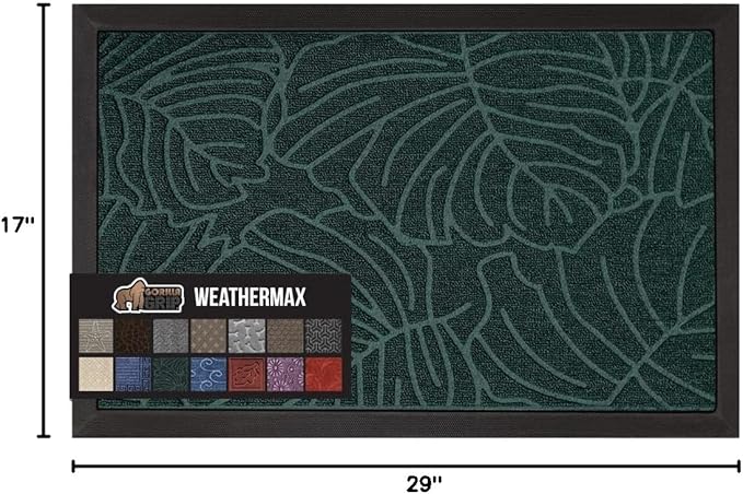 GORILLA GRIP 100% Waterproof All-Season WeatherMax Doormat US Designed Natural Rubber, Stain and Fade Resistant, Low Profile Indoor Outdoor Door Mats, Easy Clean Patio Mat, 17x29, Green Palm-Ruum Studio Home