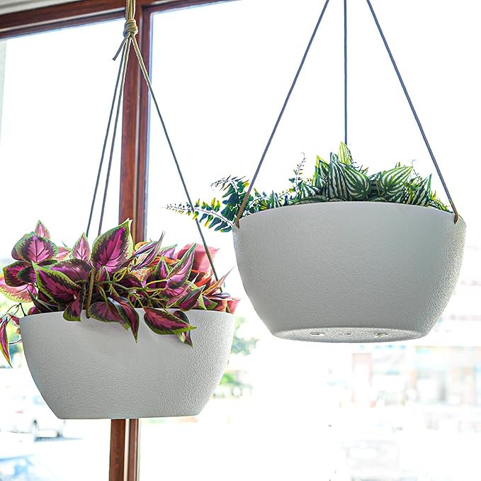 12 Inch 2 Pack Large Hanging Planters for Indoor Outdoor Plants, Plastic Hanging Basket Pots for House Plants Flowers, White-Ruum Studio Home