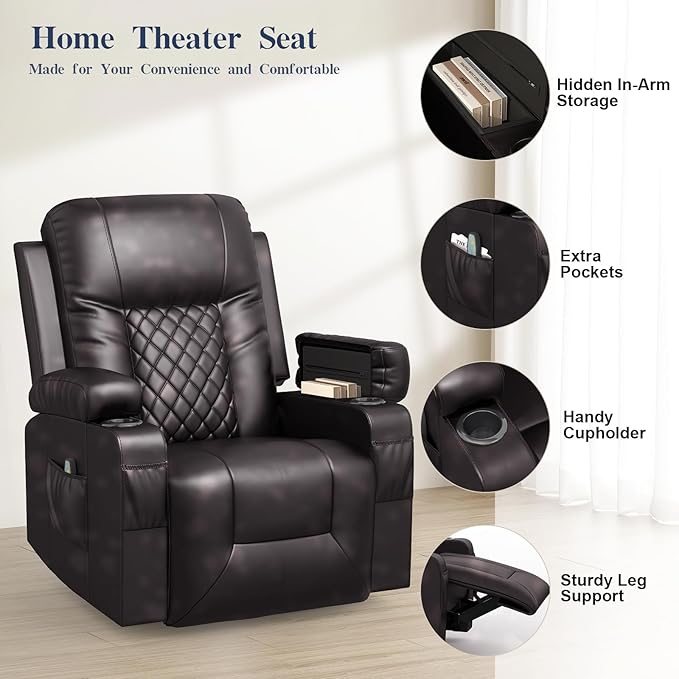 Recliner Chairs for Adults, FSC Certified Massage Rocker with Heated Modern Ergonomic Lounge 360 Degree Swivel Single Sofa Seat Living Room Lounge Recliners Brown-Ruum Studio Home
