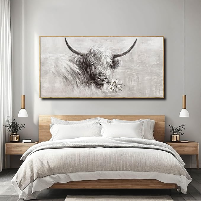 Farmhouse Wall Decor Framed Cow Artwork Grey Vintage Wall Art Canvas Flower Print Rustic Animal Pictures Style for Bedroom Dining Room 24x48 Inch-Ruum Studio Home