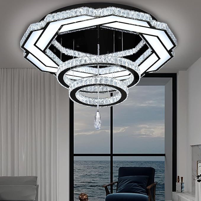 Flashing God Dia 32" Modern Crystal Chandelier Crystal Black Ceiling Light Fixtures LED Flush Mount Ceiling Light for Living Room Bedrooms Dining Room Dimmable 2700k- 6000k-Ruum Studio Home